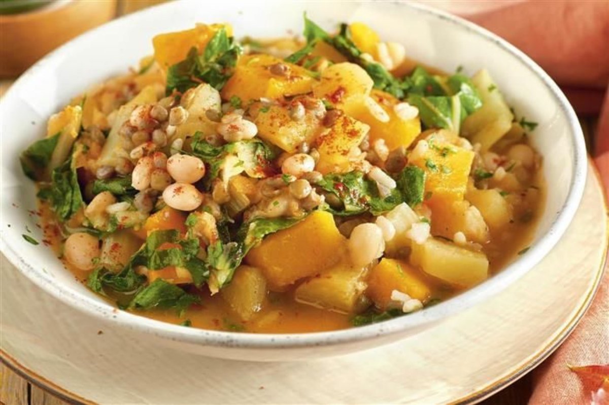 POTAJE EXPRÉS DE LEGUMBRES, ARROZ Y CALABAZA.