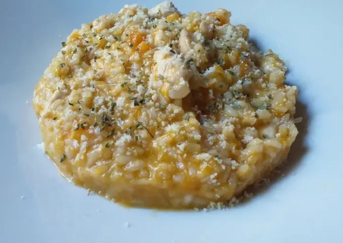 Risotto de calabaza, puerro y pollo