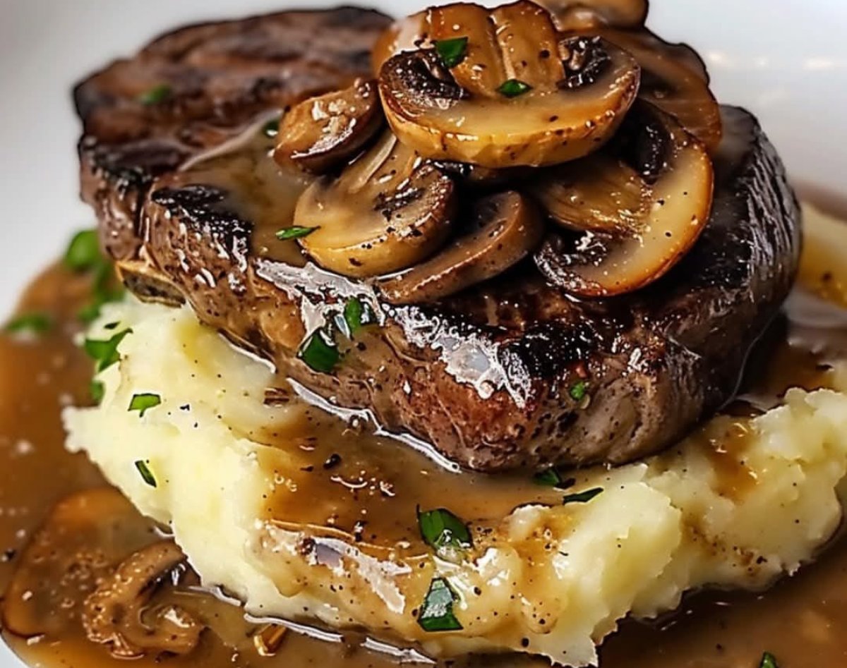 Bistec Con Salsa de Champiñones y Puré de Patatas Cremoso