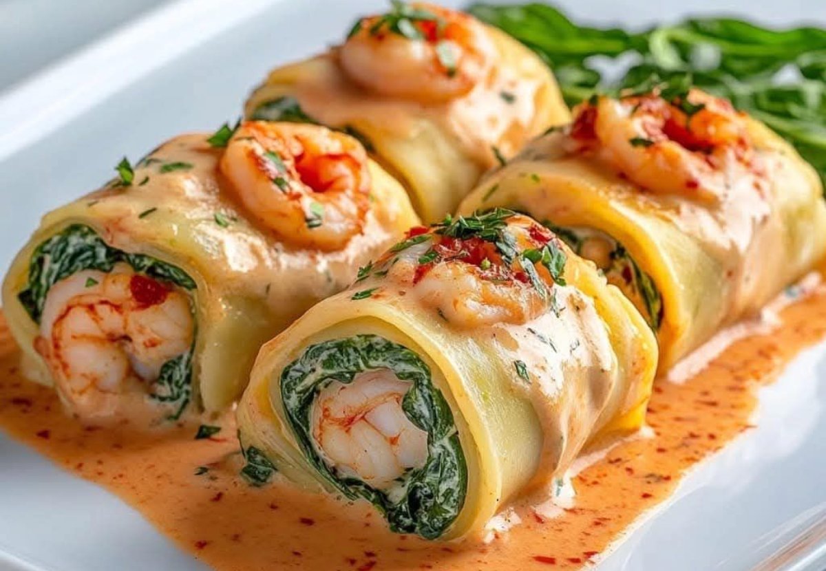 Canelones de pasta rellenos de camarones y espinacas con crema de pimiento rojo asados